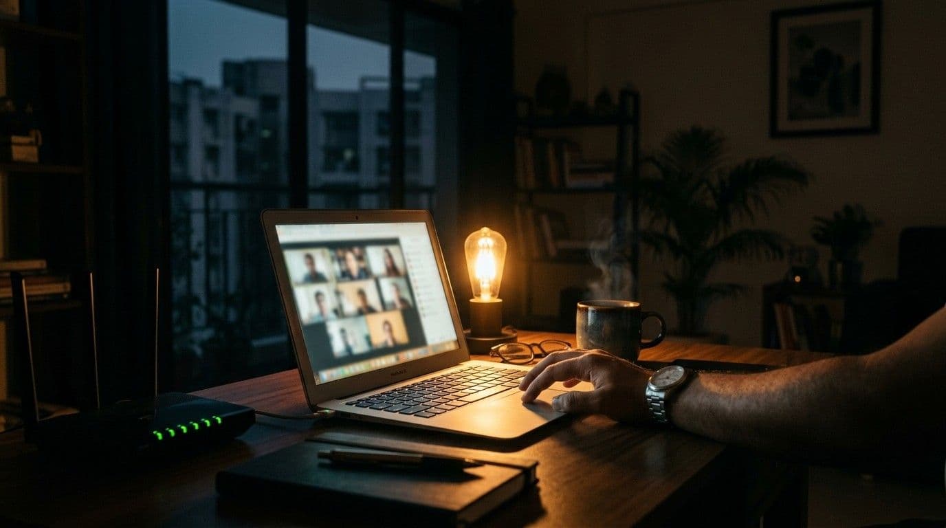 Working on a laptop with a home Wi-Fi router during a power outage