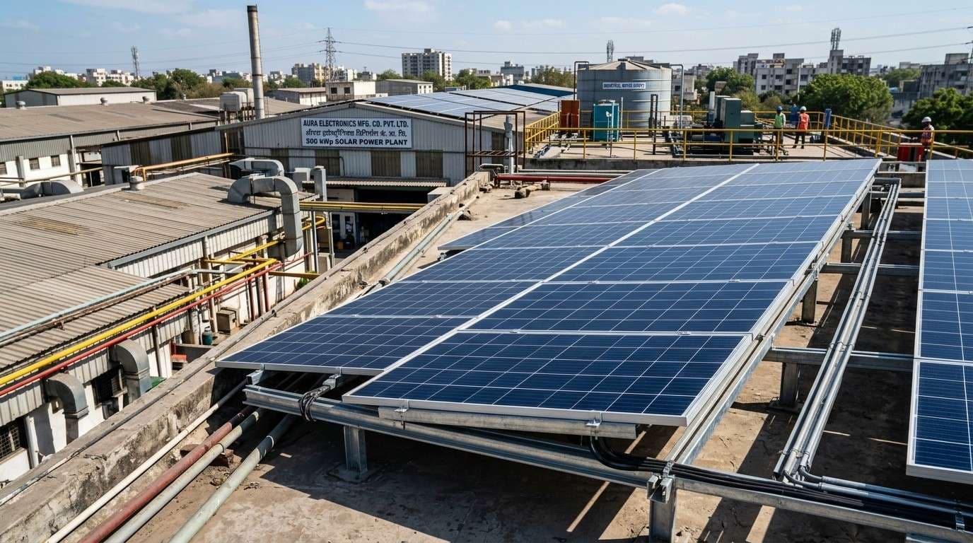 Industrial solar rooftop installation on factory shed