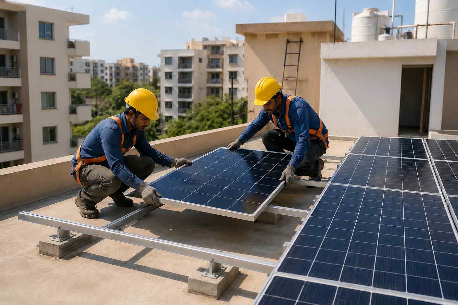 Residential rooftop solar panel installation in progress