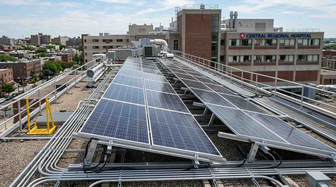 Commercial rooftop solar installation on a hospital