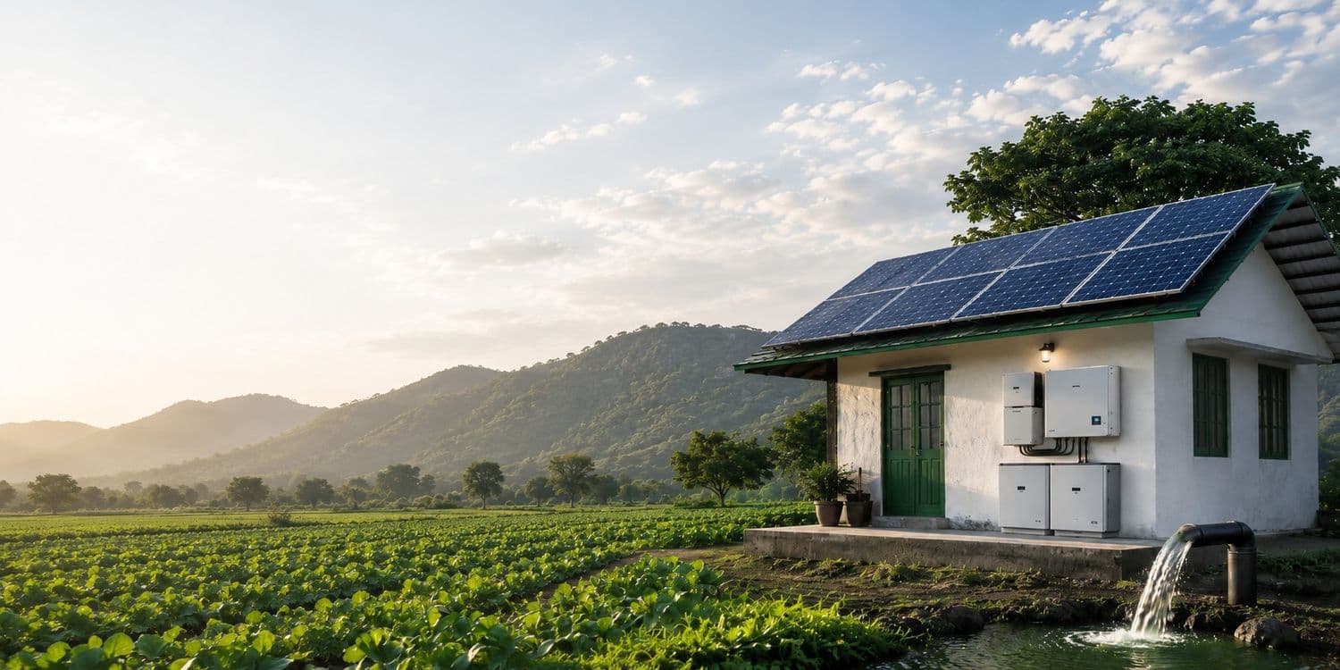 Off-grid solar home with battery storage in rural setting